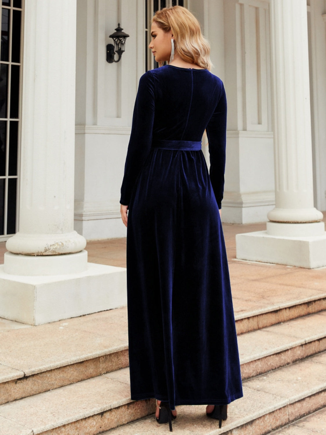 Tie Front Round Neck Long Sleeve Maxi Dress Pretty Moment Tie Front Round Neck Long Sleeve Maxi Dress Pretty Moment