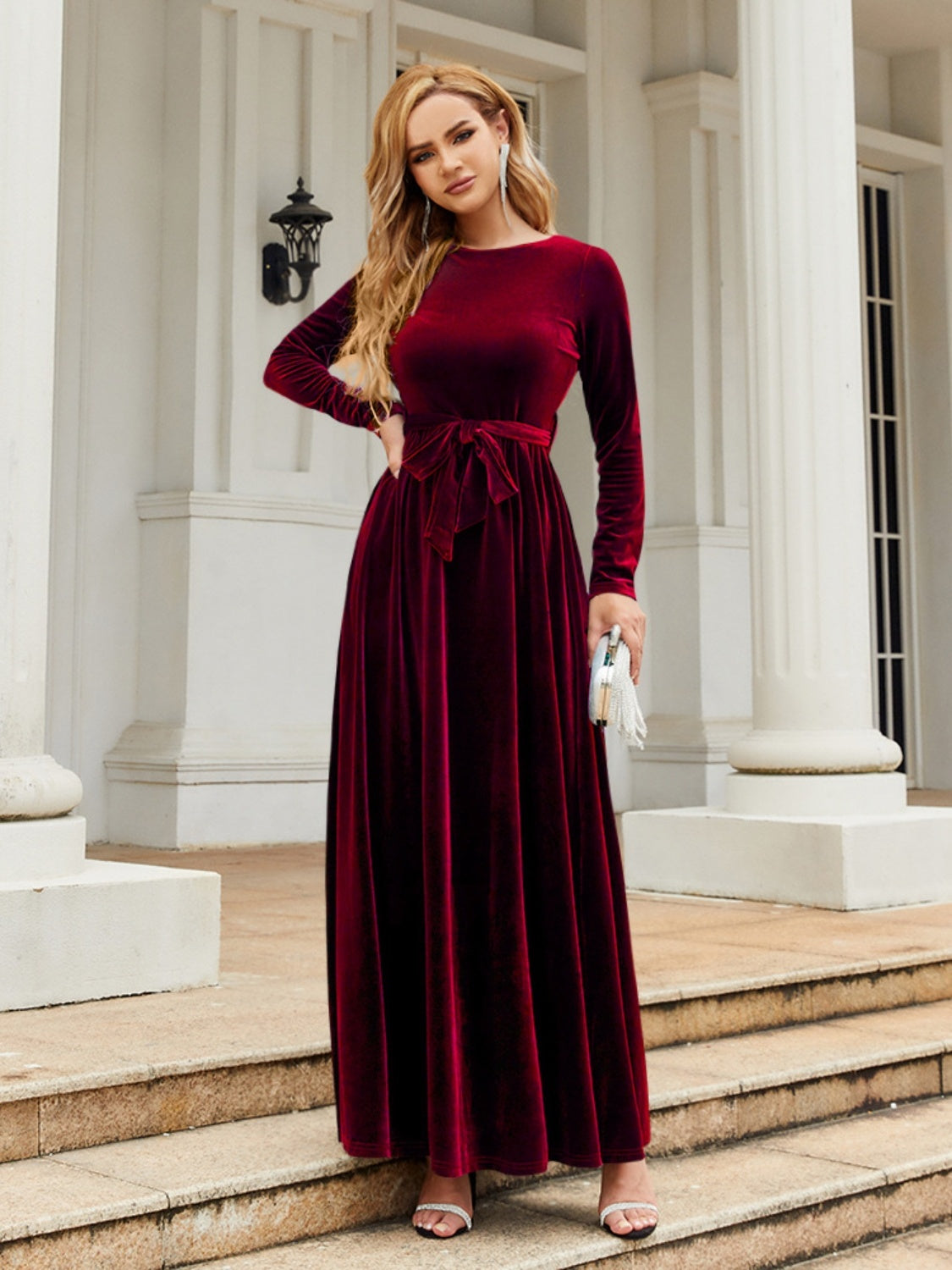 Tie Front Round Neck Long Sleeve Maxi Dress Pretty Moment Tie Front Round Neck Long Sleeve Maxi Dress Pretty Moment
