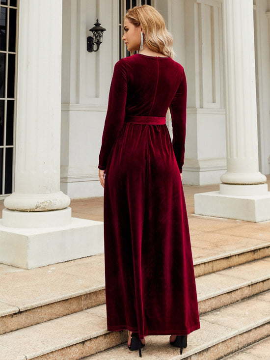 neck tie dress long sleeve Women's Long Sleeve Wrap V Neck Tie Waist Side Split Slim Fit Prom Dress Wedding Party Midi Dresses Green,M