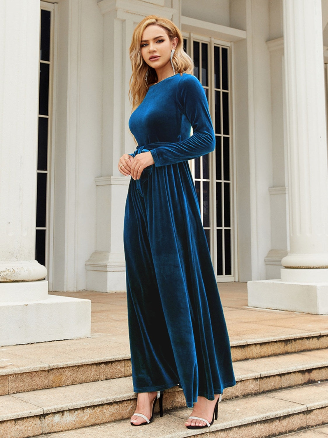 velvet long sleeve maxi dress formal Karen Millen Stretch Velvet Crystal Embellished Long Sleeve Maxi Dress in Black