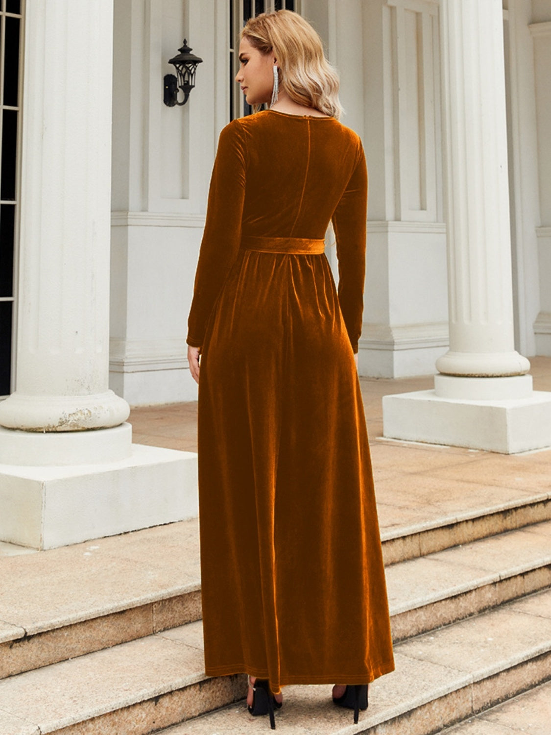 tie front dress long sleeve Tie Front Round Neck Long Sleeve Maxi Dress Pretty Moment