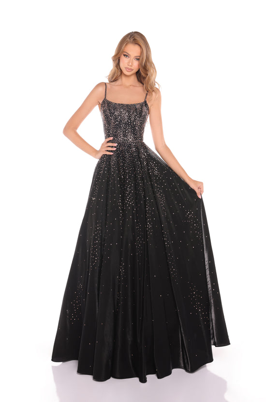 AMARRA Style 87292 Satin Rhinestone Ball Gown with Pockets