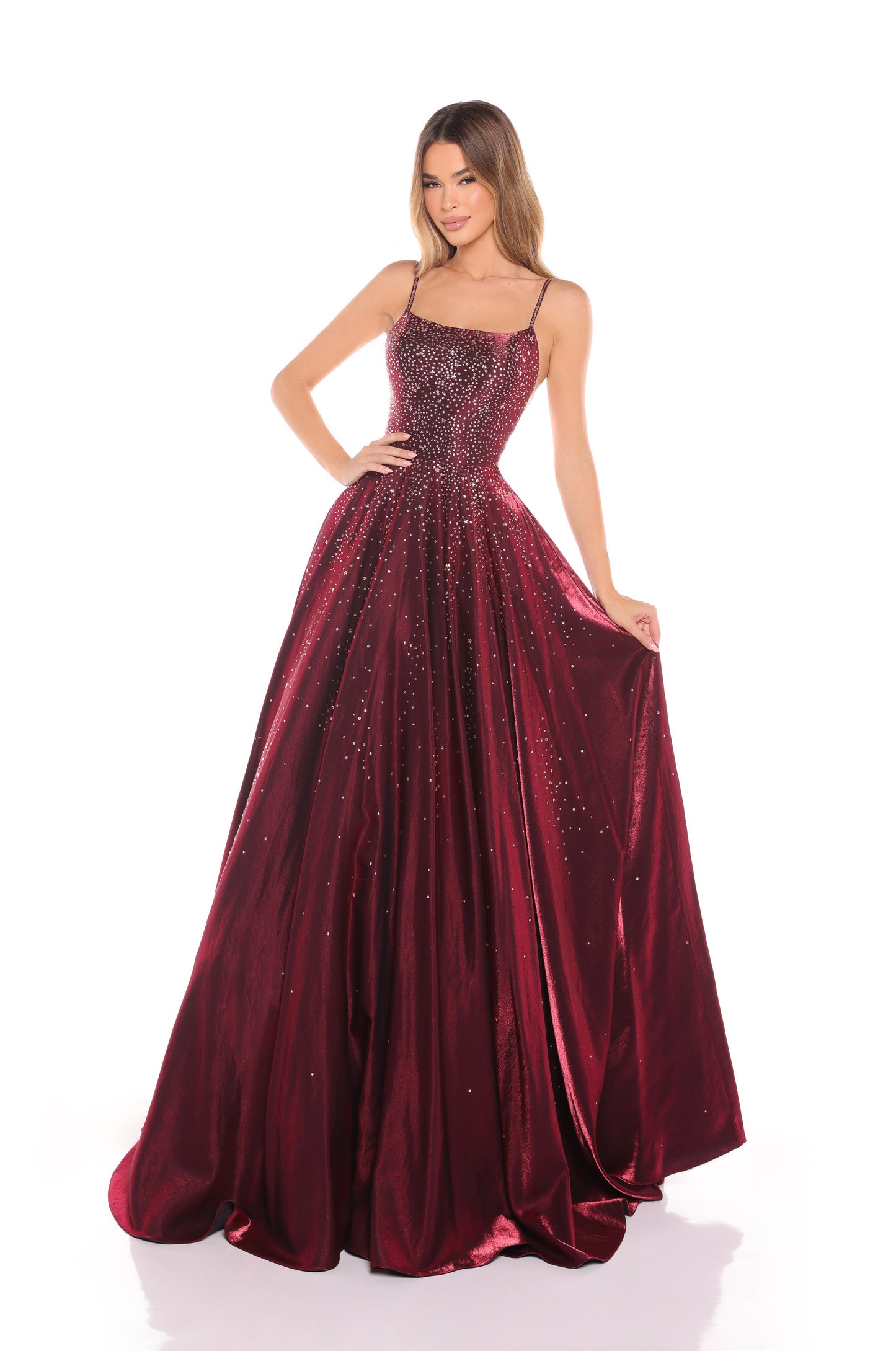 AMARRA Style 87292 Satin Rhinestone Ball Gown with Pockets