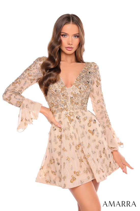 AMARRA Style 88032 Beaded Tulle Bell Sleeves Short Dress