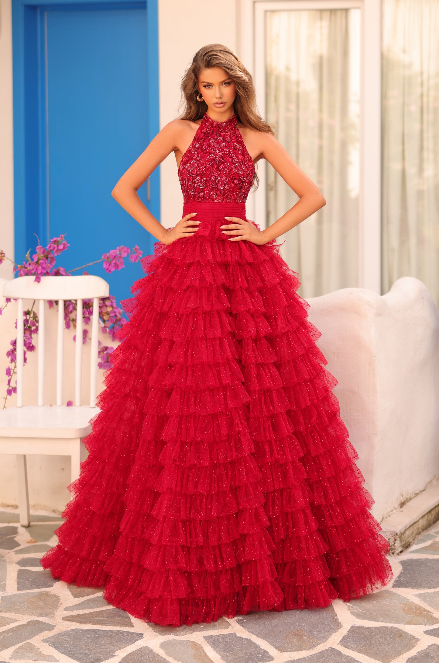 AMARRA Style 88102 Ruffle Tulle High Neck Ball Gown