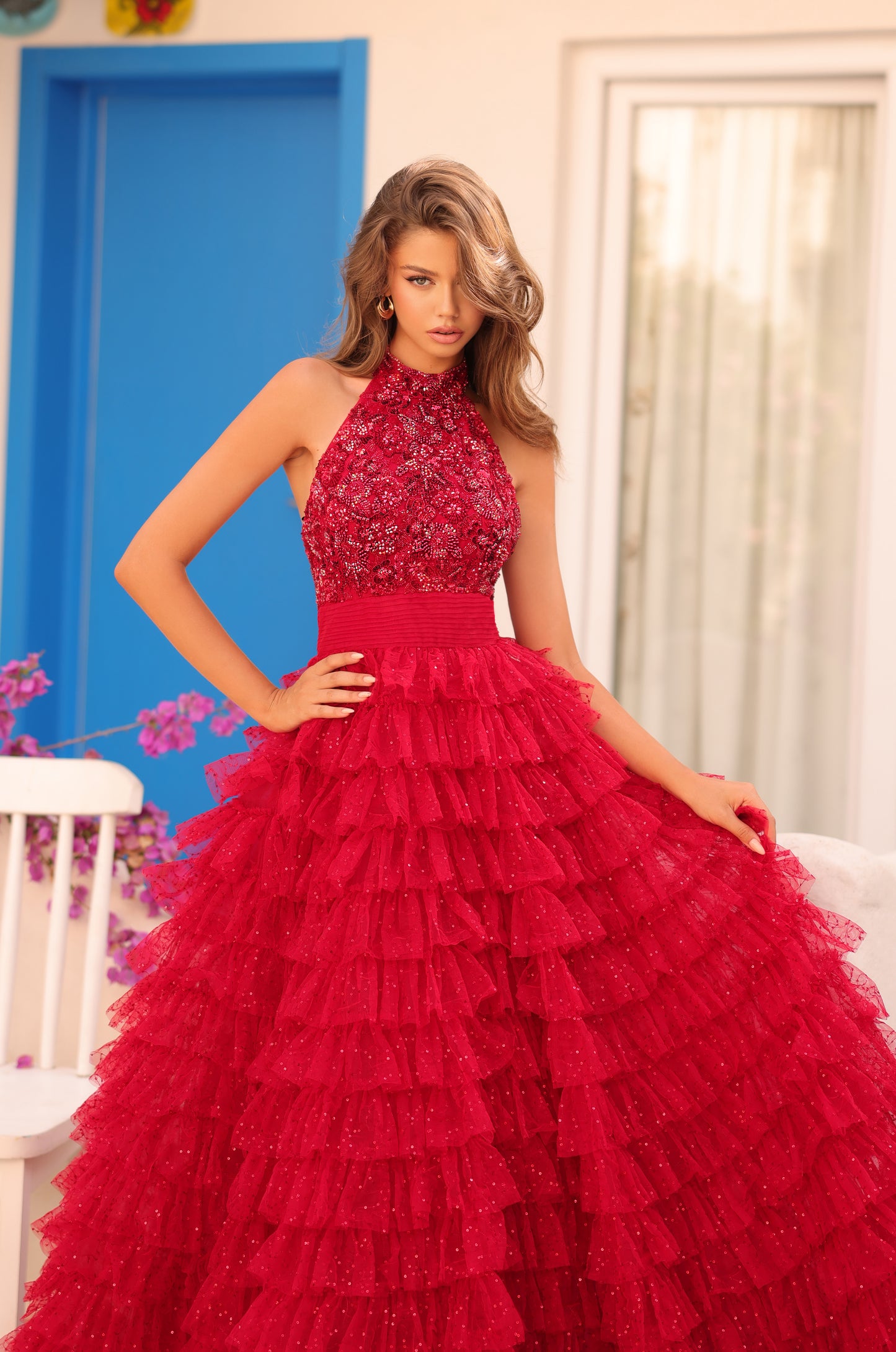 AMARRA Style 88102 Ruffle Tulle High Neck Ball Gown