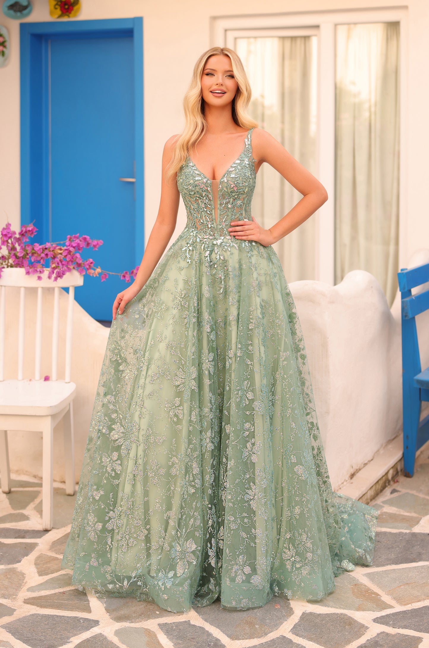 AMARRA Style 88126 Glitter Lace Applique Ball Gown