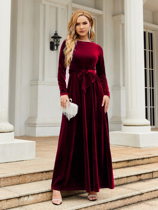 Tie Front Round Neck Long Sleeve Maxi Dress Pretty Moment Tie Front Round Neck Long Sleeve Maxi Dress Pretty Moment