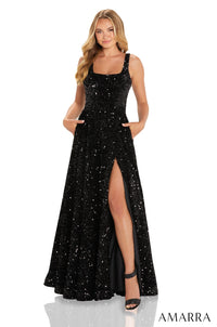 AMARRA Style 88652 Velvet Sequin High Slit A-Line Dress