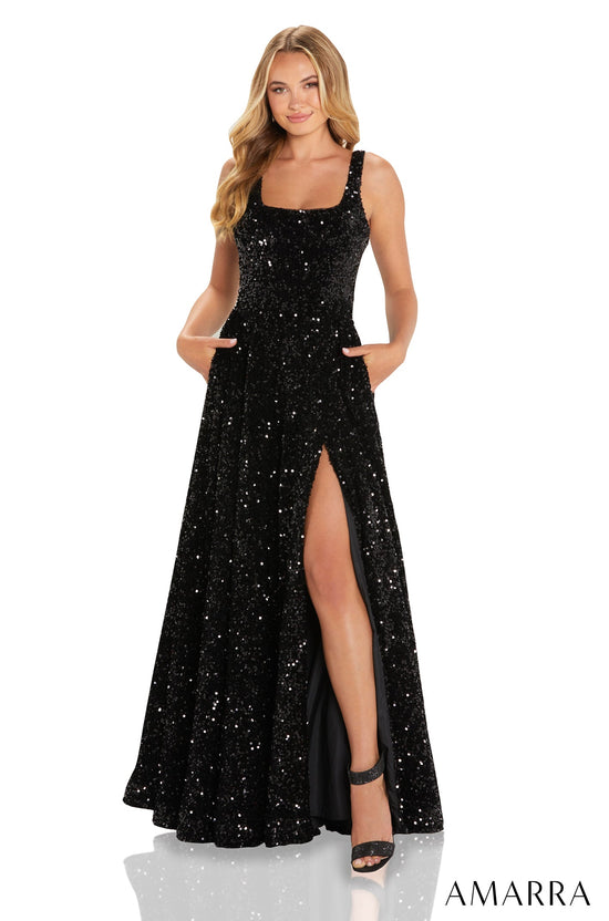 AMARRA Style 88652 Velvet Sequin High Slit A-Line Dress Pretty Moment AMARRA Style 88652 Velvet Sequin High Slit A-Line Dress Pretty Moment
